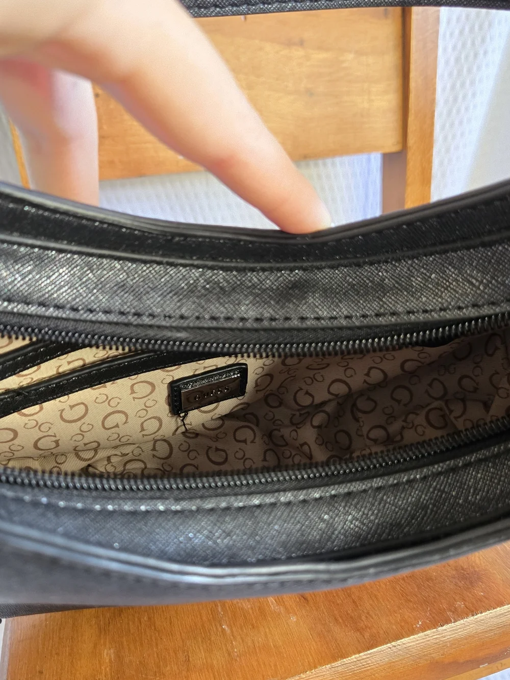 GUESS Black Crescent Shoulder Bag with Gold Logo